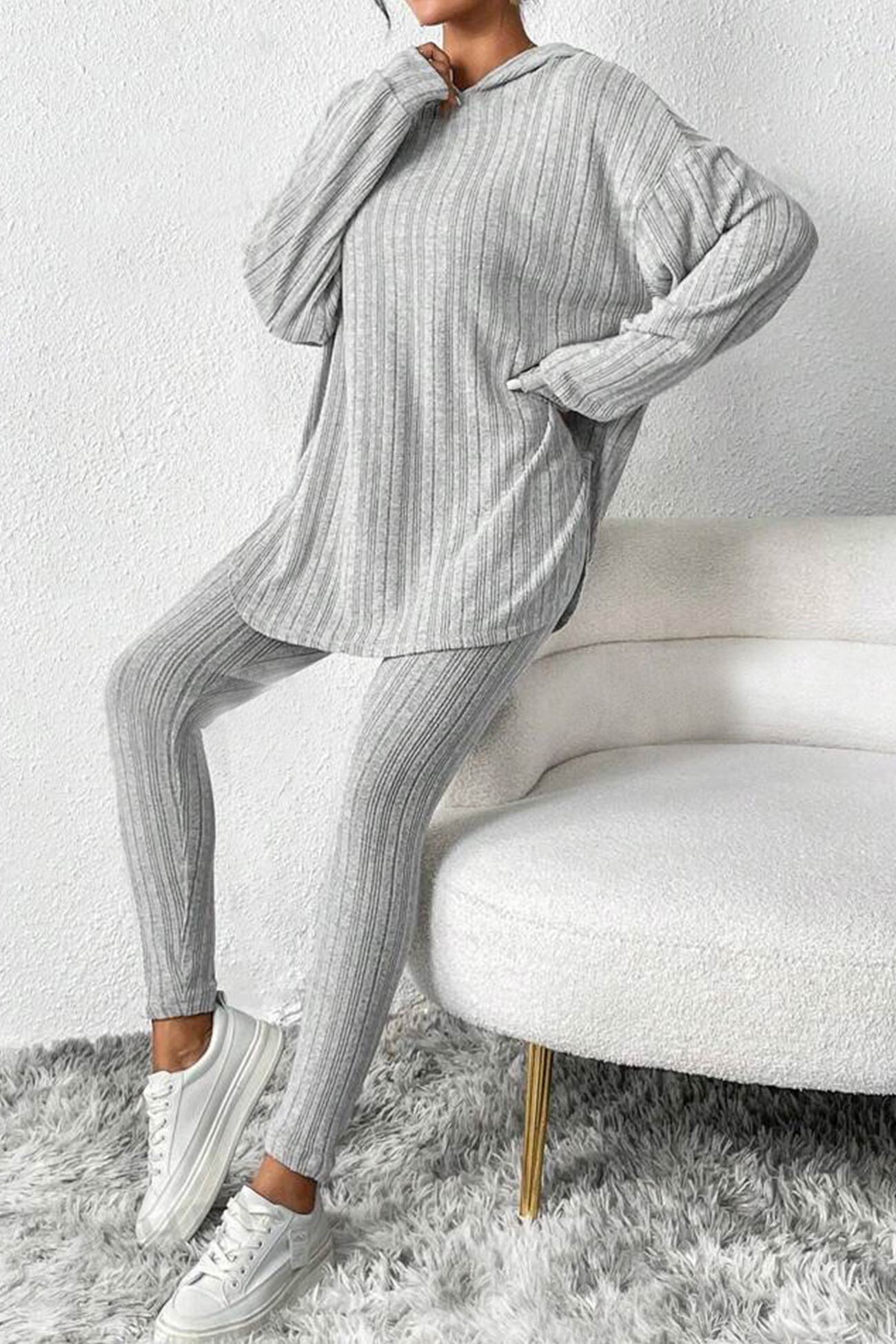 Fabiola | Ribbed Slit Mid Length Hoodie Leggings Set
