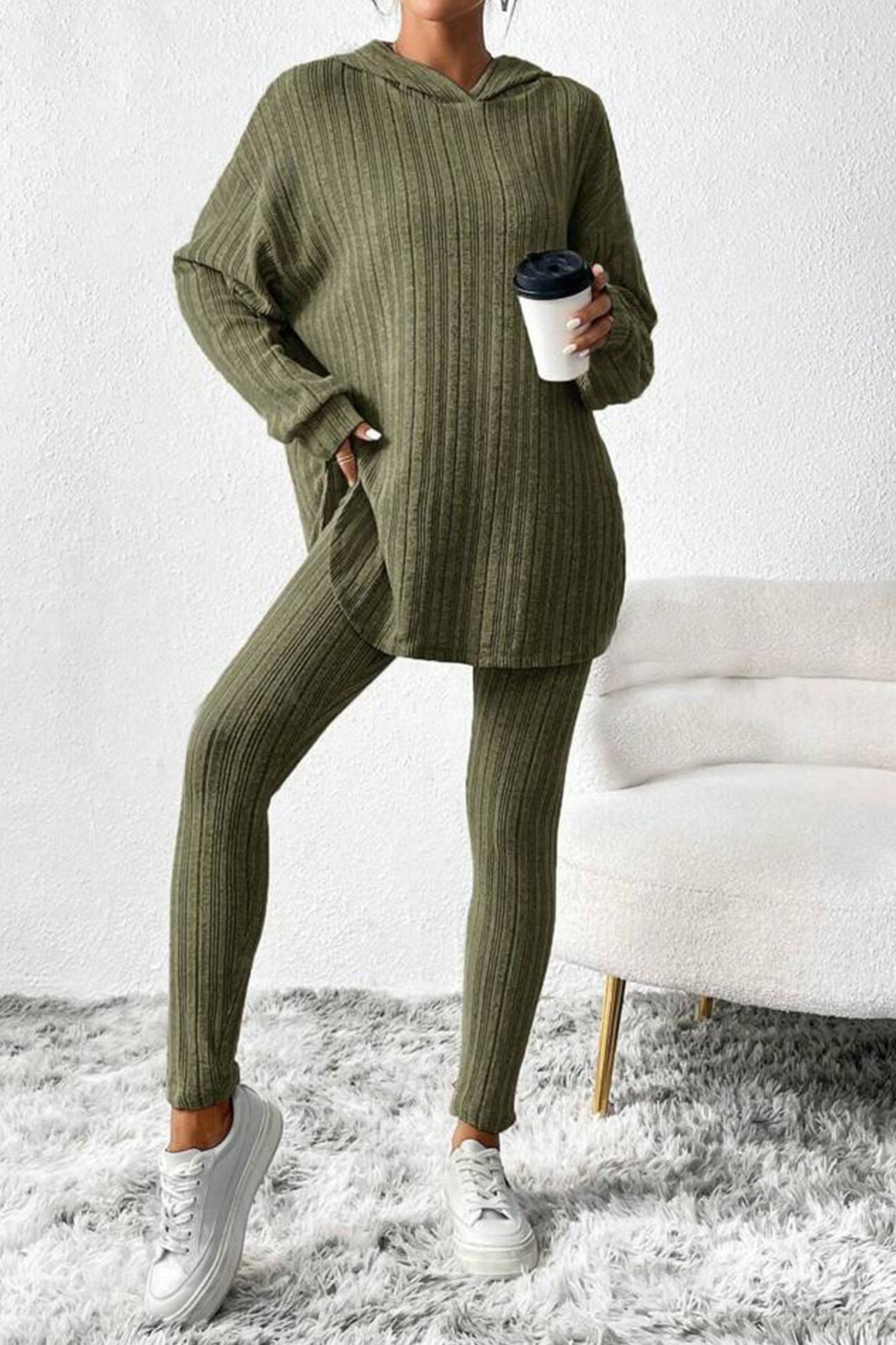 Fabiola | Ribbed Slit Mid Length Hoodie Leggings Set