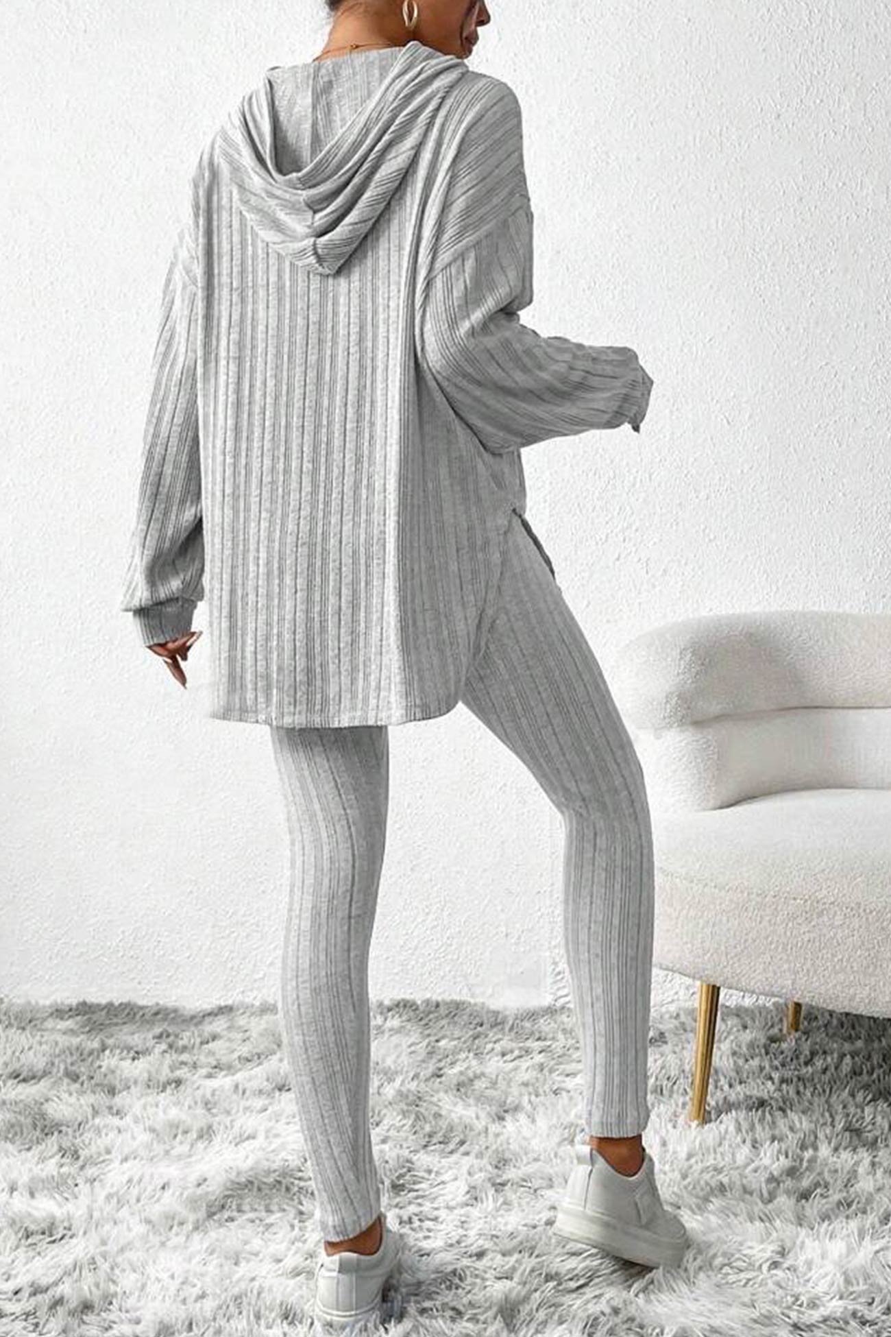 Fabiola | Ribbed Slit Mid Length Hoodie Leggings Set
