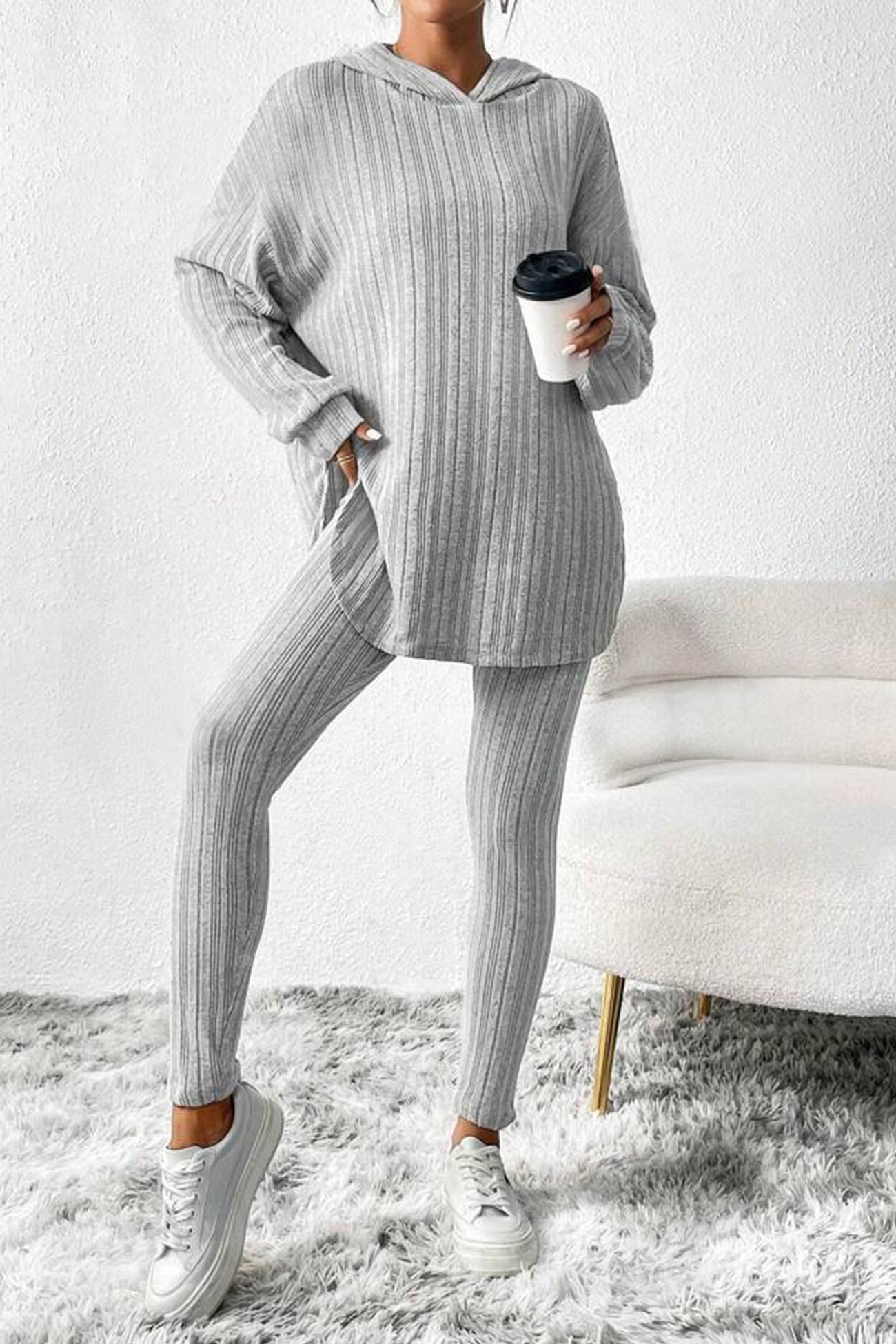 Fabiola | Ribbed Slit Mid Length Hoodie Leggings Set