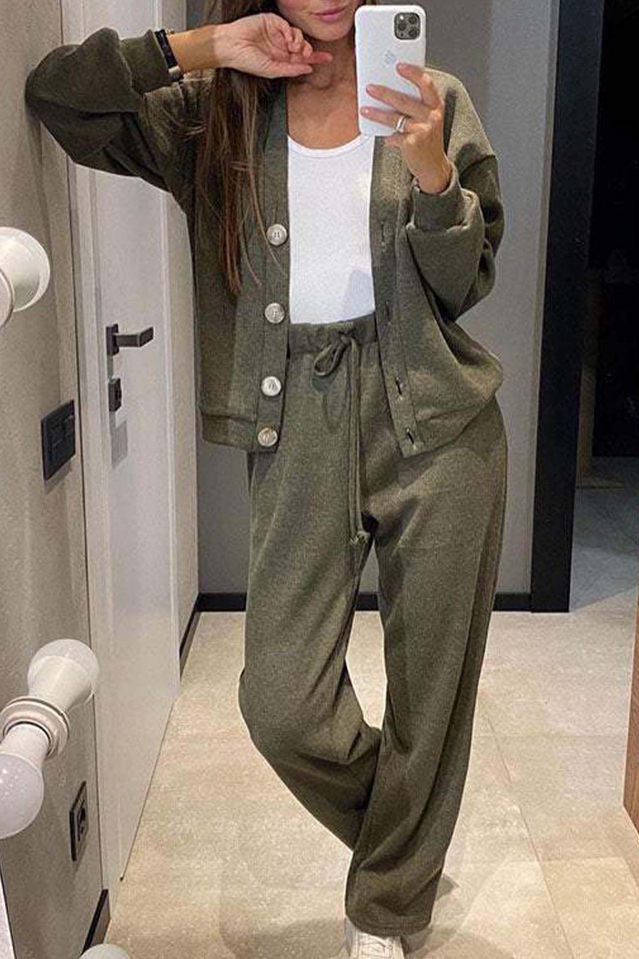 Alicia | Solid color cardigan set with long pants and buttons