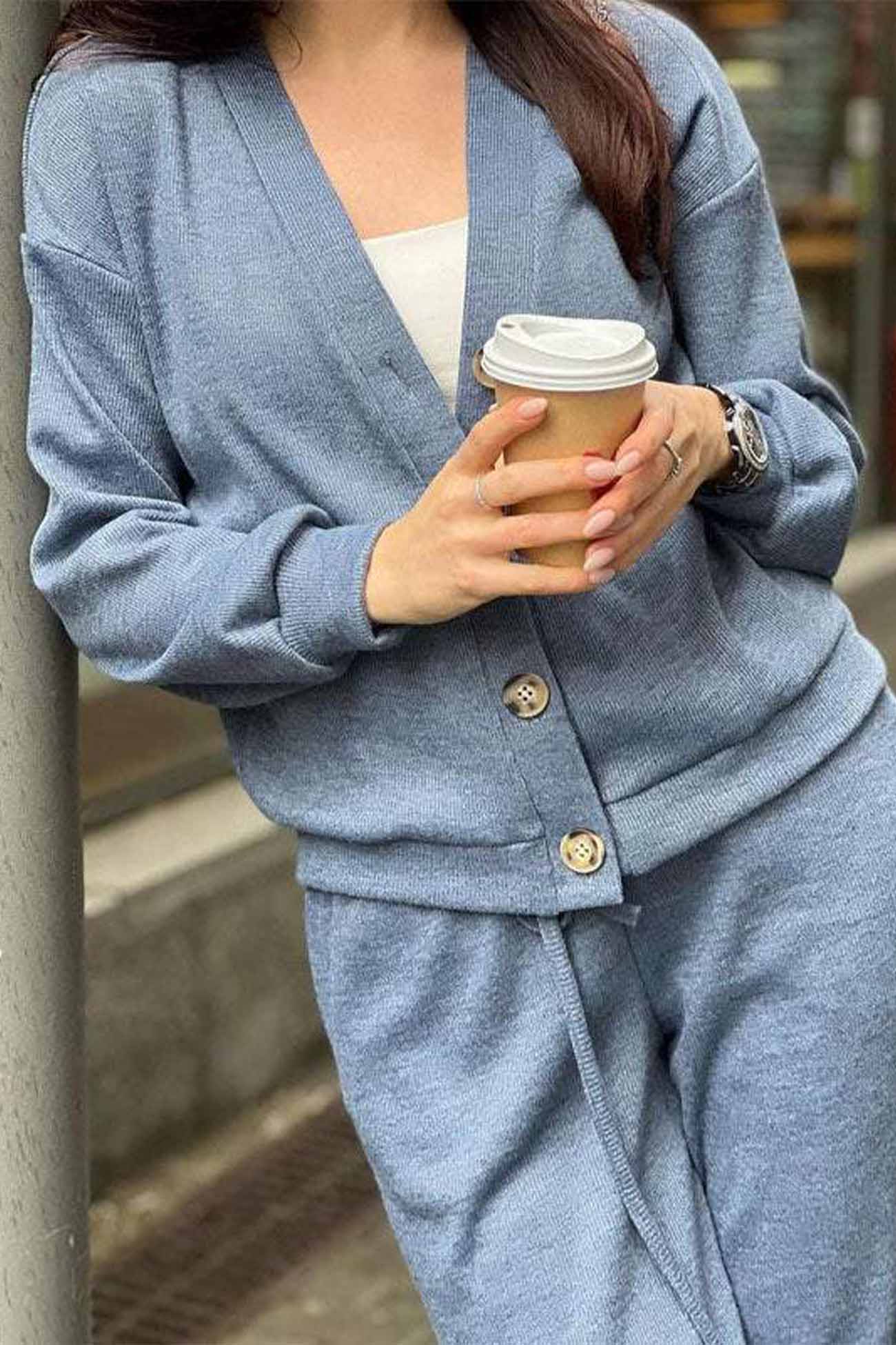 Alicia | Solid color cardigan set with long pants and buttons