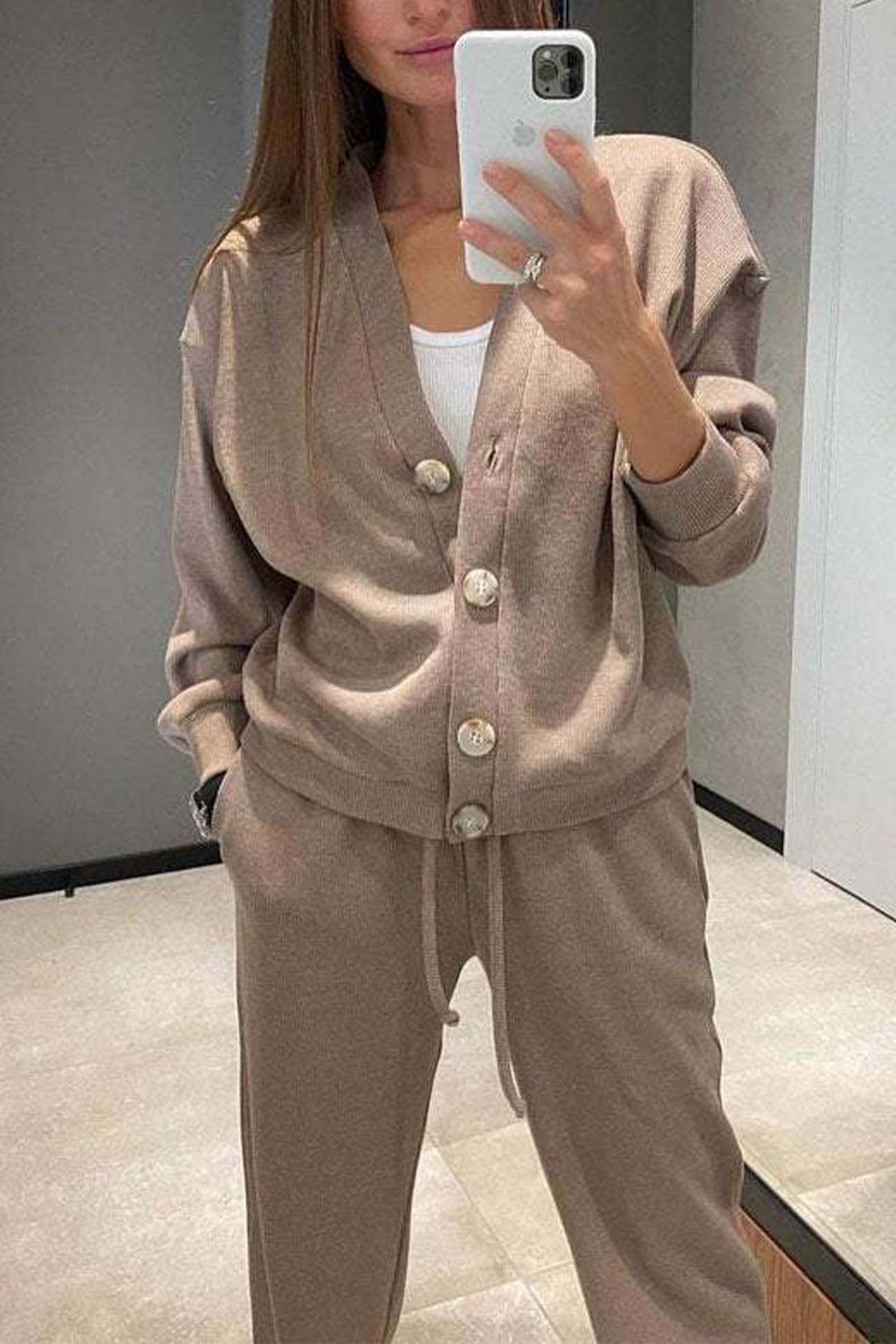 Alicia | Solid color cardigan set with long pants and buttons