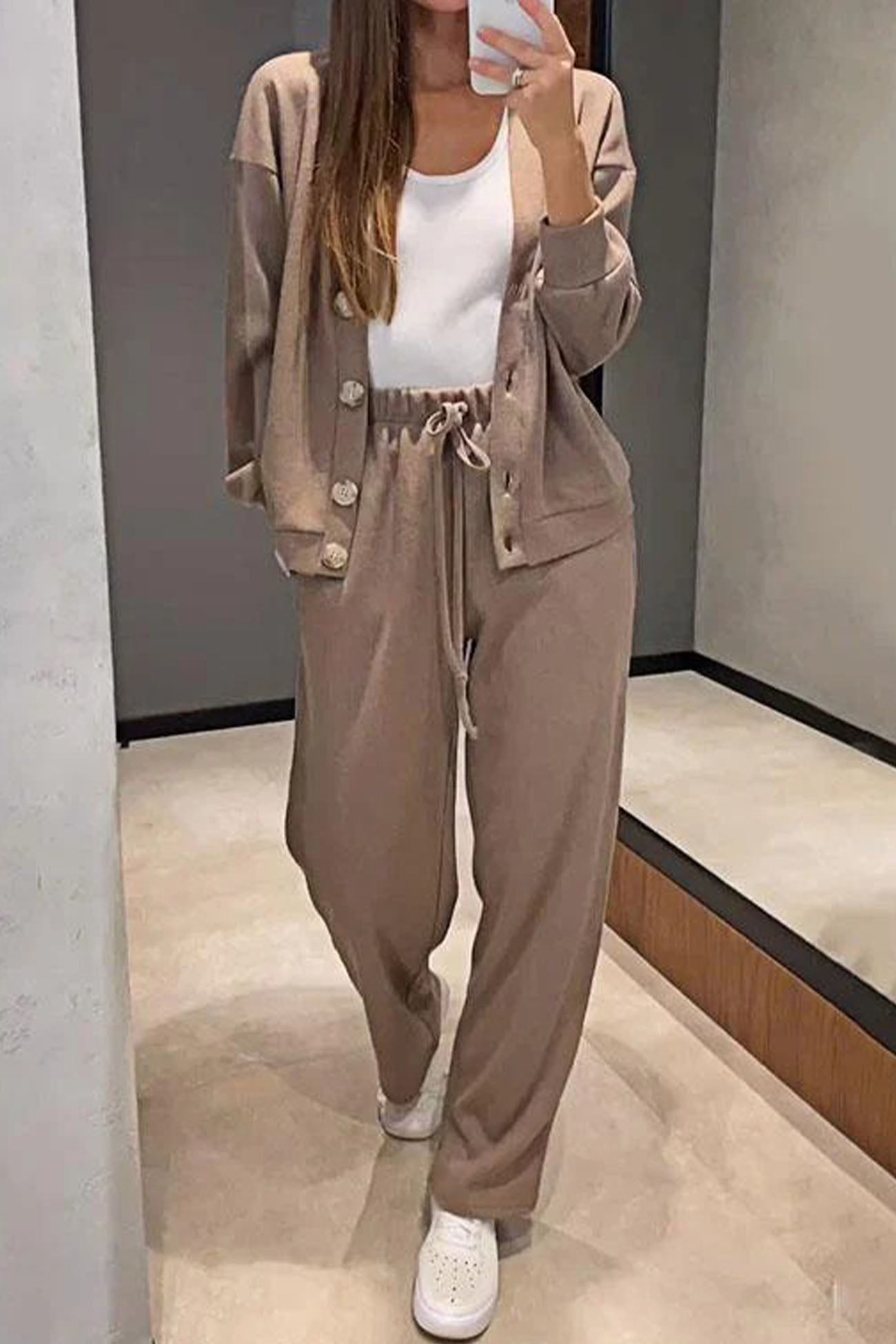 Alicia | Solid color cardigan set with long pants and buttons