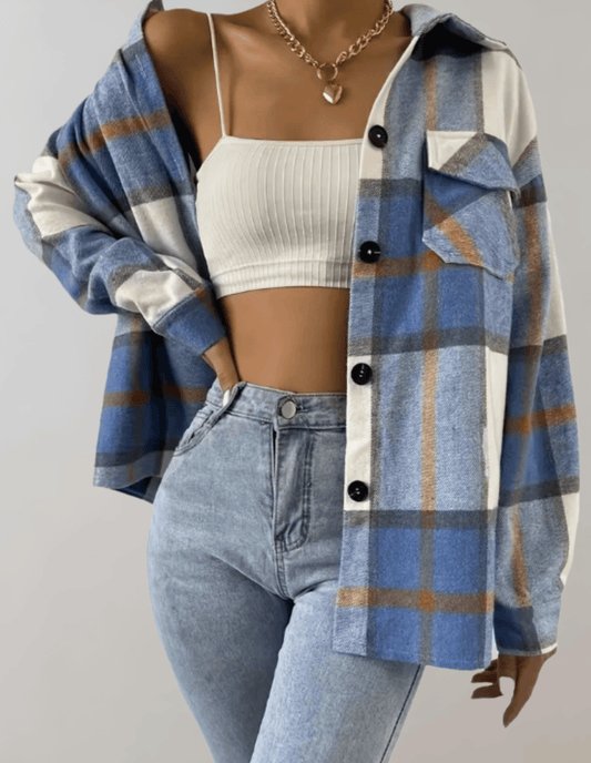 Franziska | Elegant blue checked women's oversize jacket