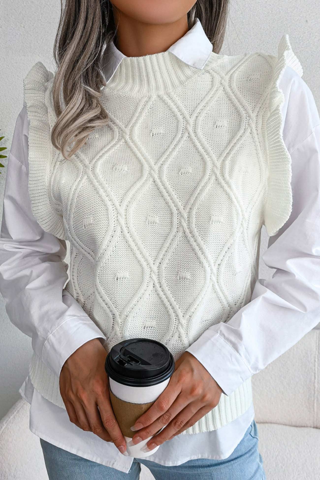 Aitana | Ruffle Argyle Knit Vest Sweater