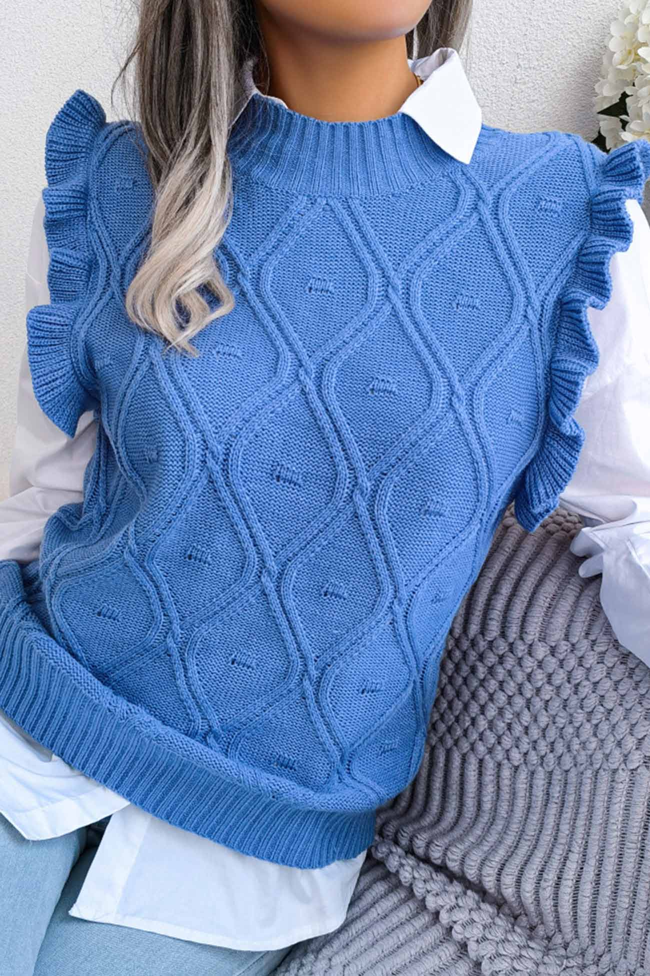 Aitana | Ruffle Argyle Knit Vest Sweater