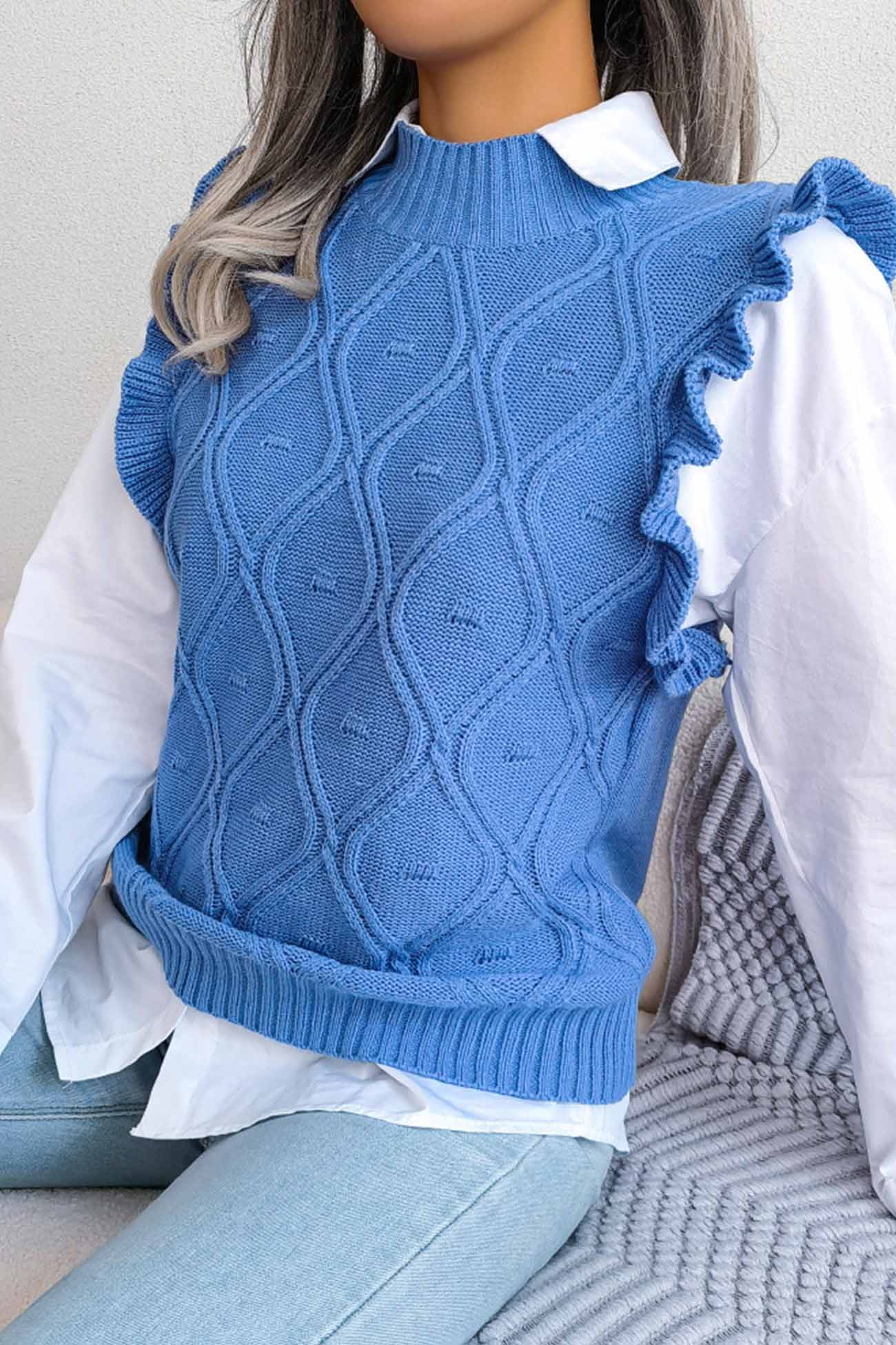 Aitana | Ruffle Argyle Knit Vest Sweater