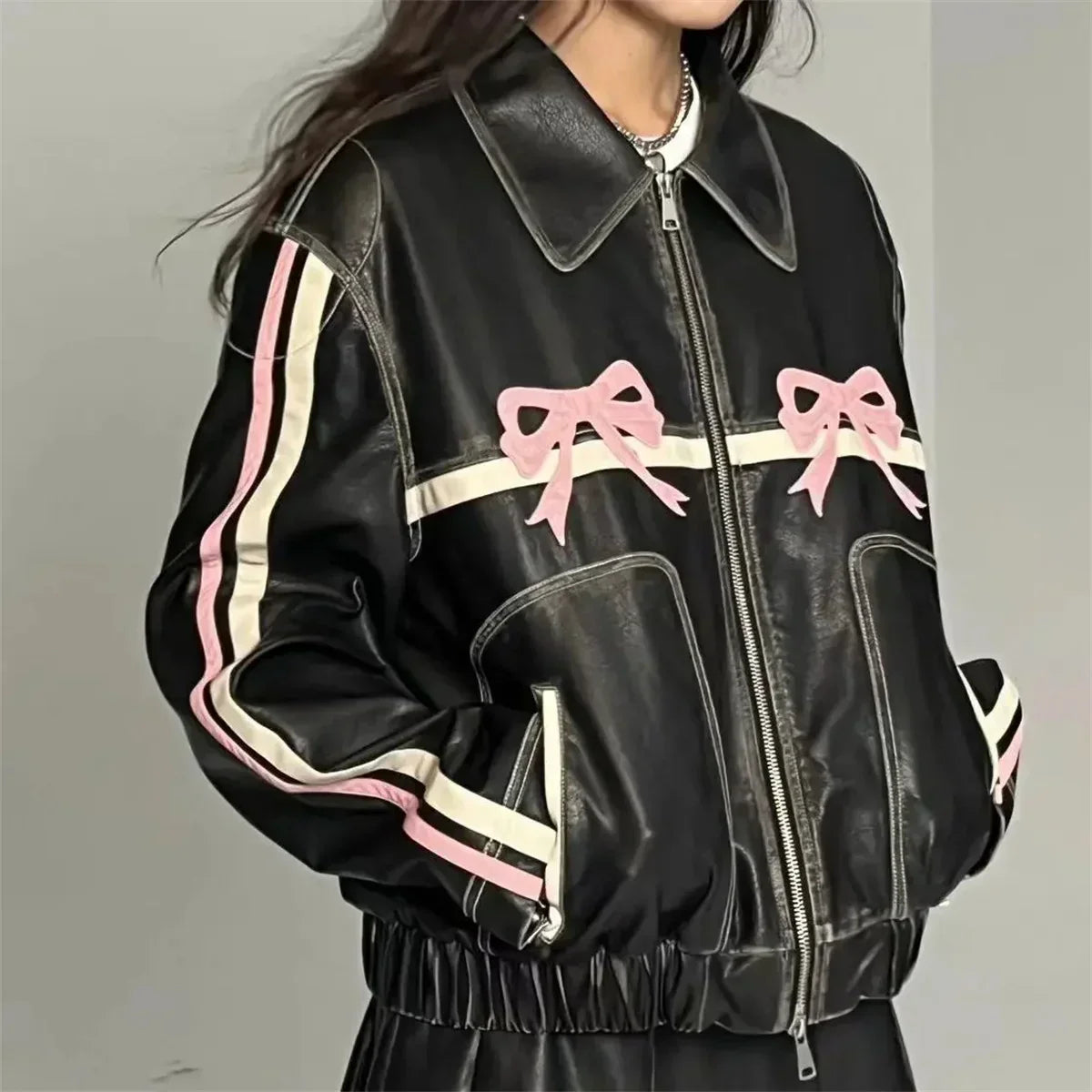 Rebeca | Vintage leather jacket for women with lapel collar