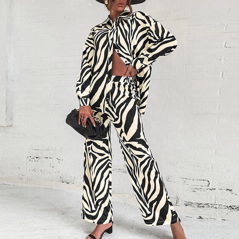 Emily® | Elegant Abstract Print Long-Sleeved Blouse And Pants Set