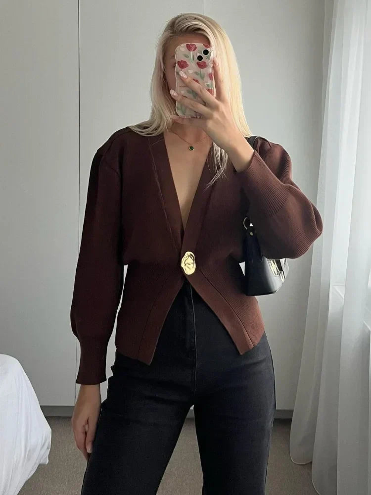 Brigida | Stylish women's knitted sweater with a button placket in a solid color