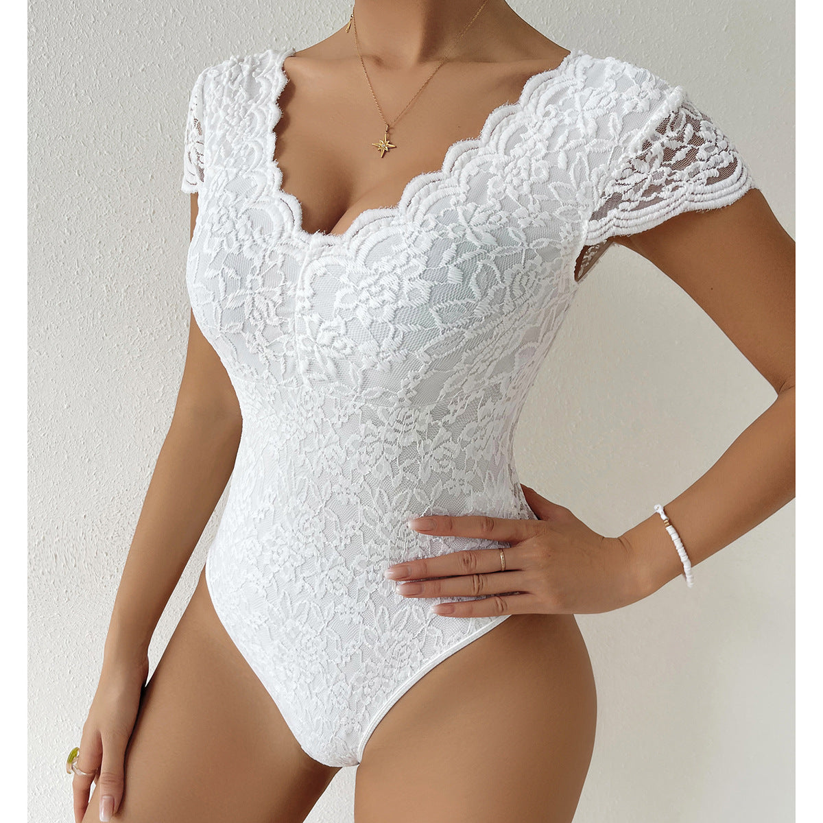 Avelina® | Elegant Body Suit With Lace Sleeves And V-Neck
