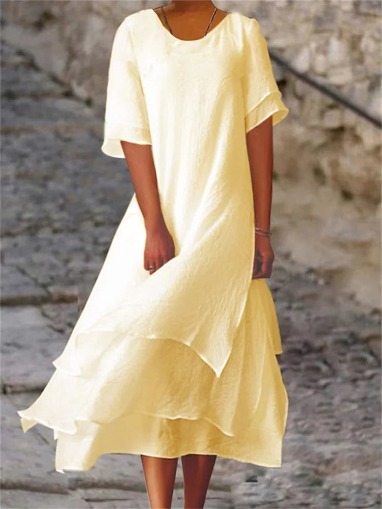 Eva® | Double-Layered Slit Short-Sleeved Dress With Round Neck