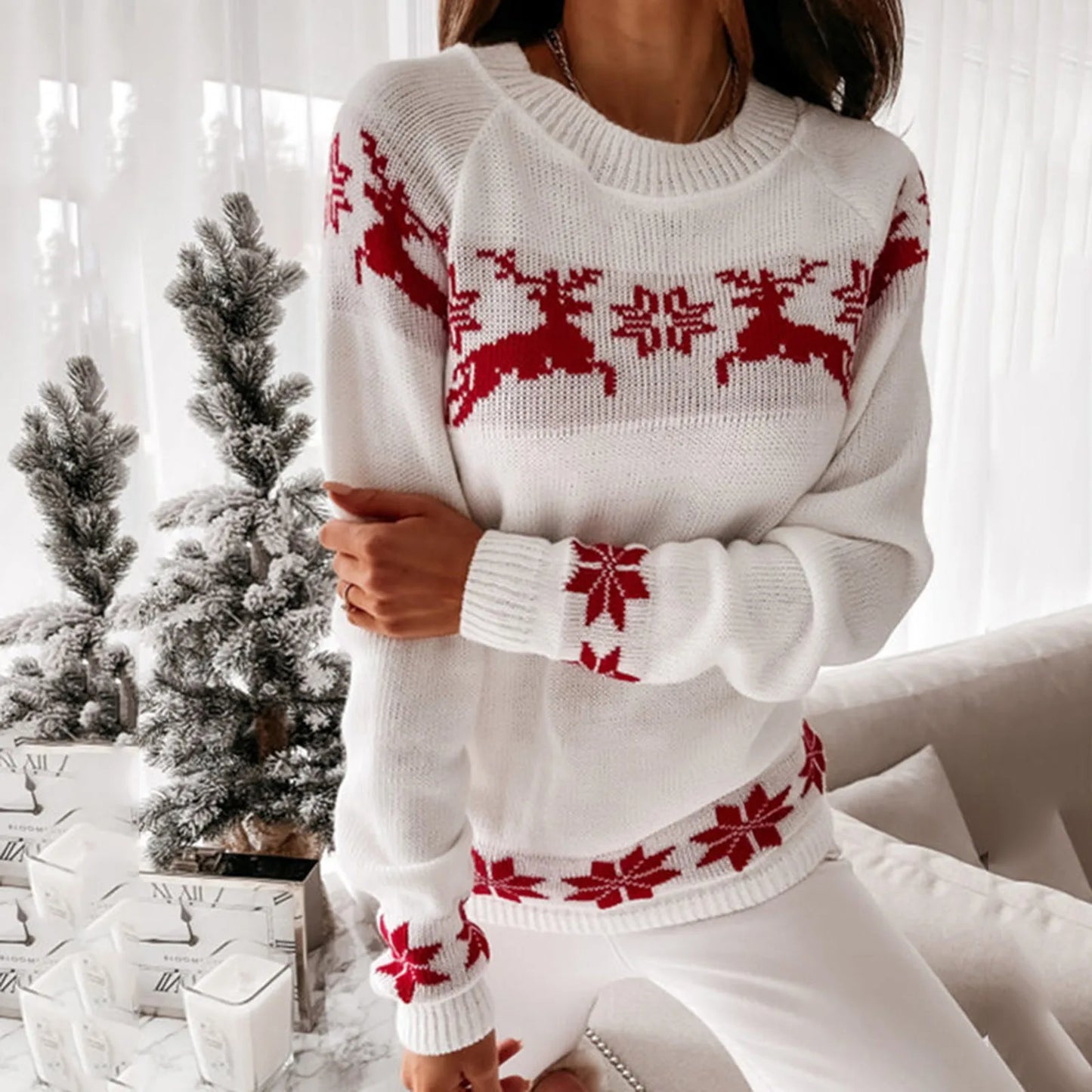 Margarita | Warm women's knitted sweater with a Christmas deer pattern and a round neckline