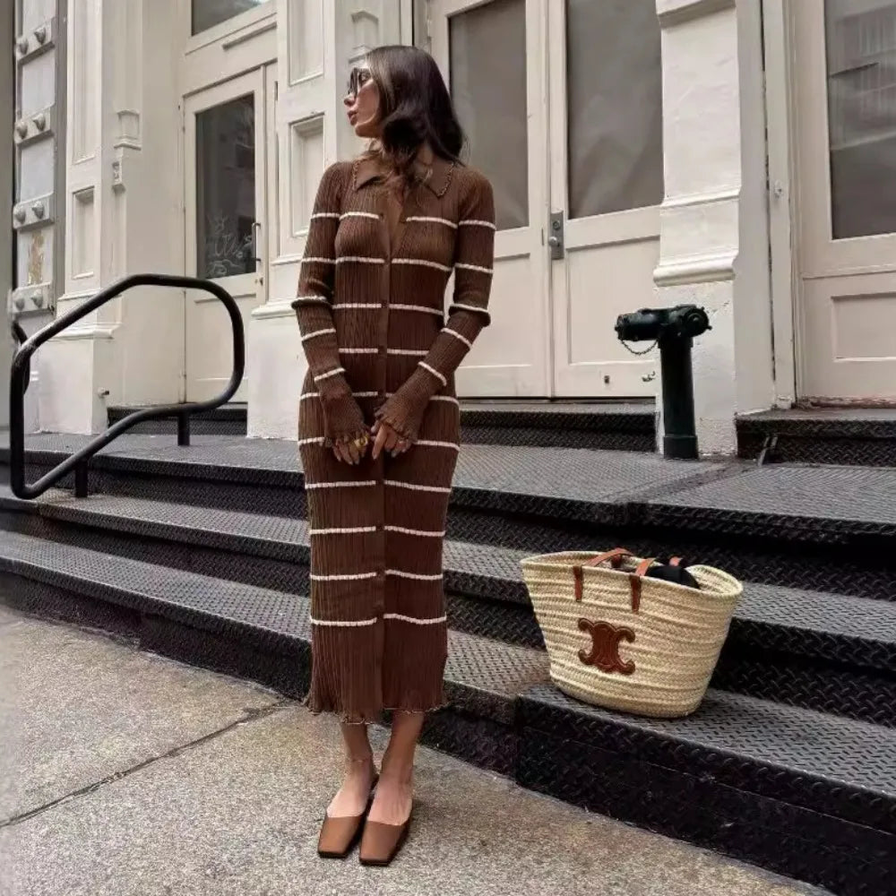 Victoria | Elegant brown striped knitted dress for winter