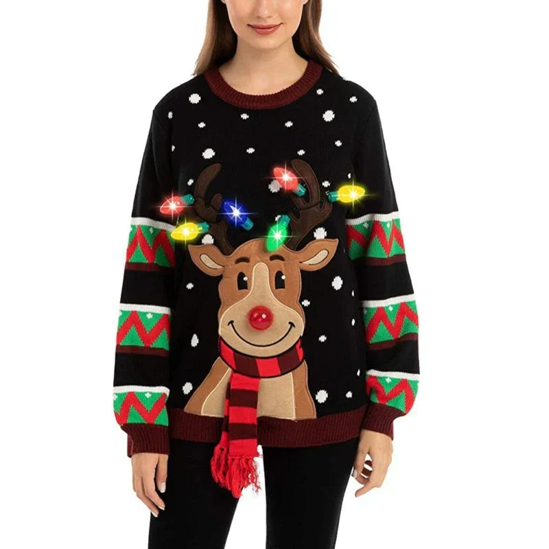 Lya | Knitted sweater with cartoon Christmas reindeer and LED lights for women