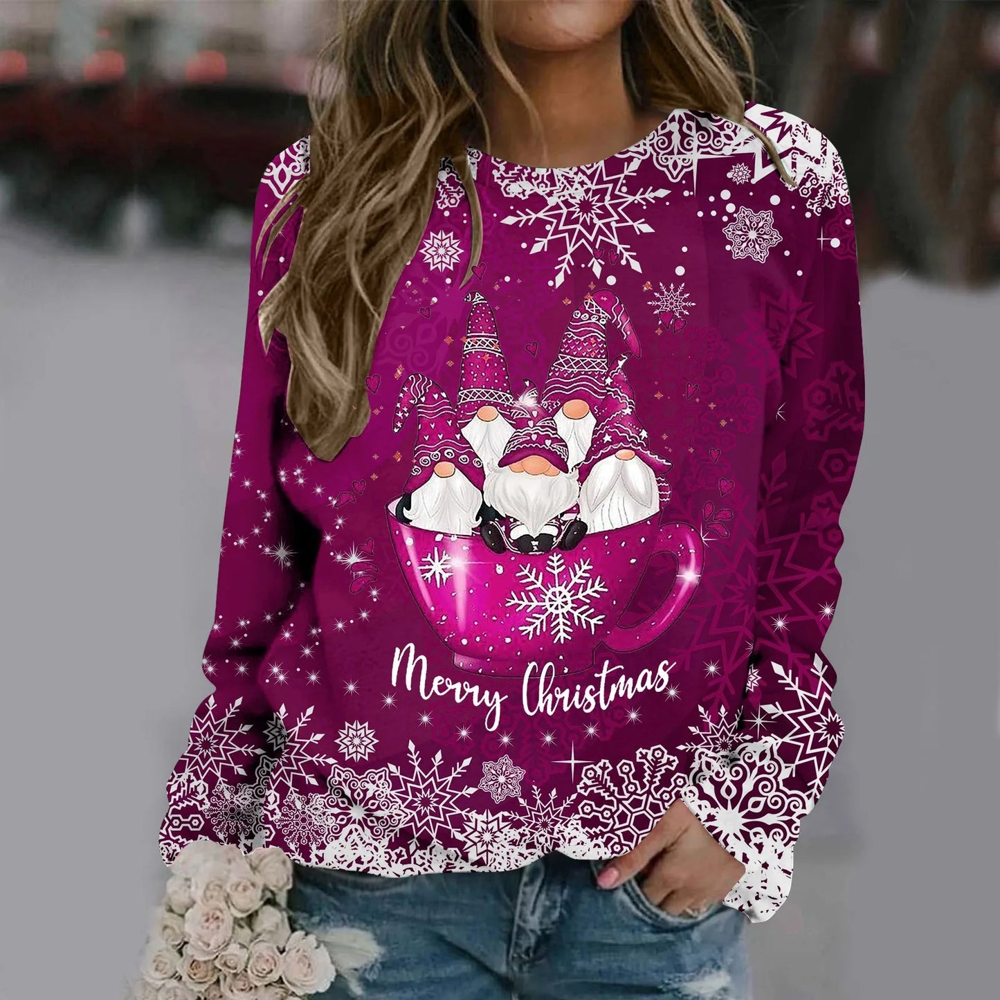 Carmen | Warm crew neck sweater with Merry Christmas print for women