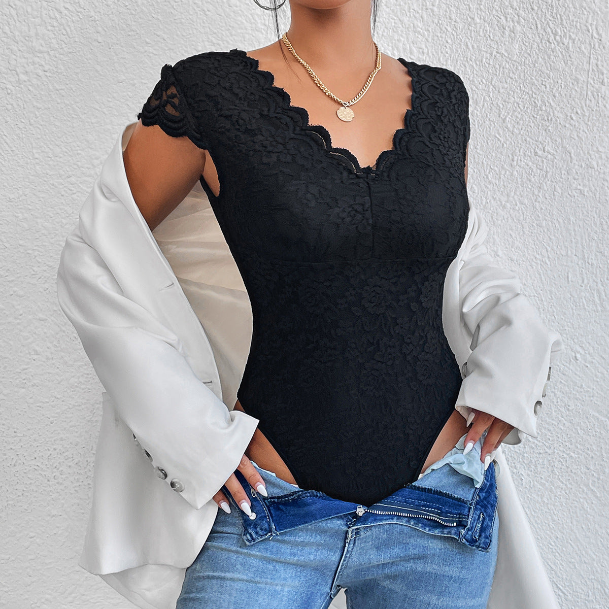 Avice® | Figure-Hugging Lace Bodysuits With V-Neck