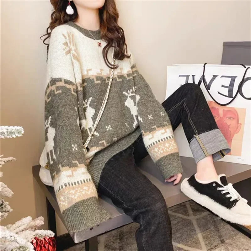 Monica | Women's striped Christmas deer knit sweater with loose fit and warm knit sweater