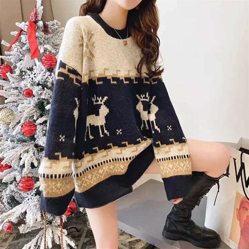 Monica | Women's striped Christmas deer knit sweater with loose fit and warm knit sweater