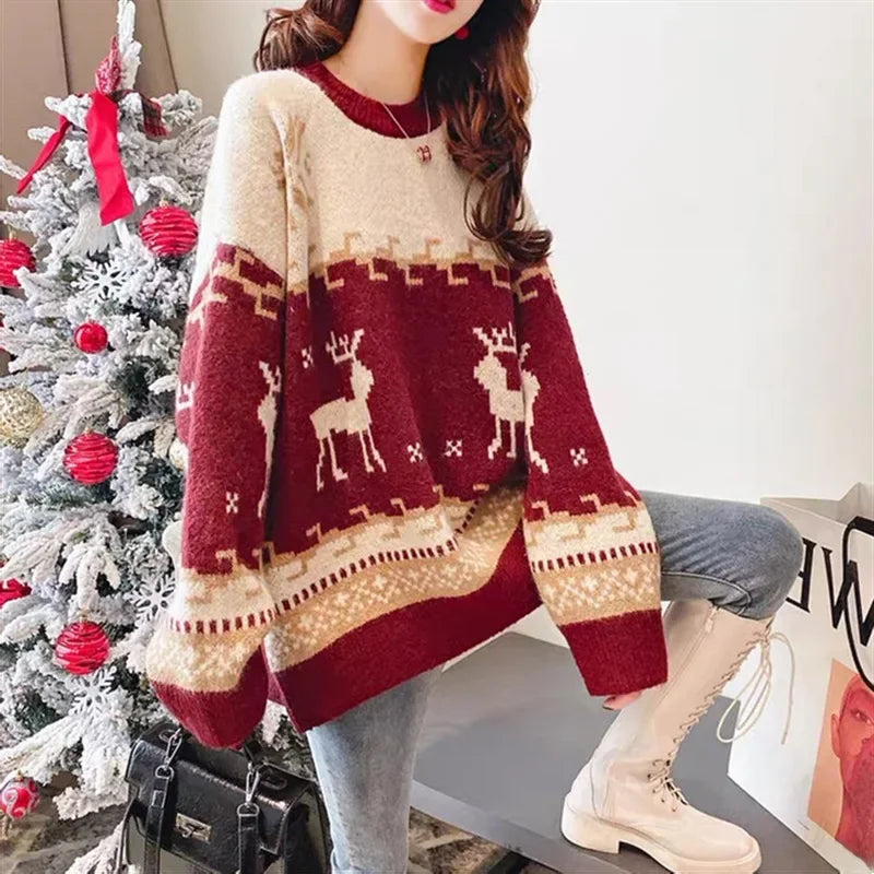 Monica | Women's striped Christmas deer knit sweater with loose fit and warm knit sweater