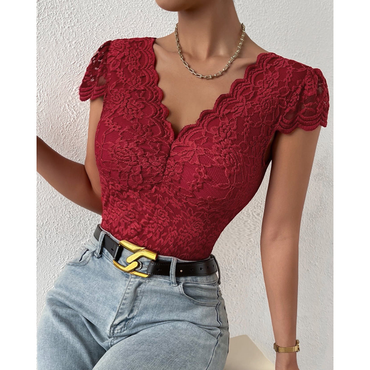 Aya® | Figure-Hugging Short Sleeve V-Neck Bodysuits With Lace