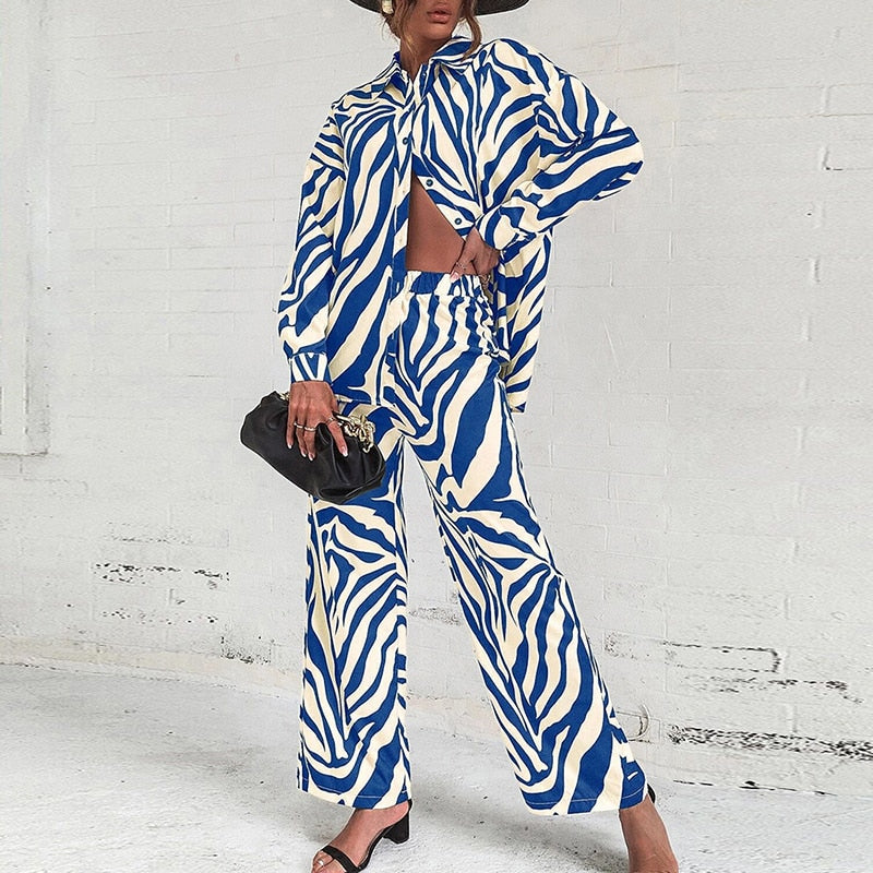 Emily® | Elegant Abstract Print Long-Sleeved Blouse And Pants Set
