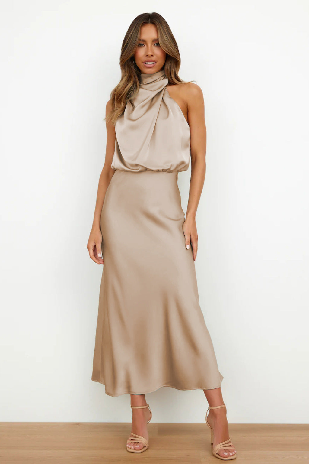 Vanessa® | Long Satin Dress With American Neckline