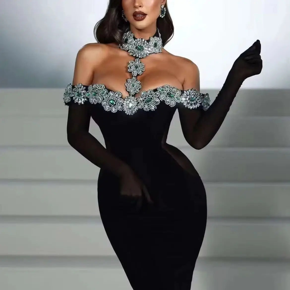 Off-The-Shoulder Halter Ankle-Length Party Dress