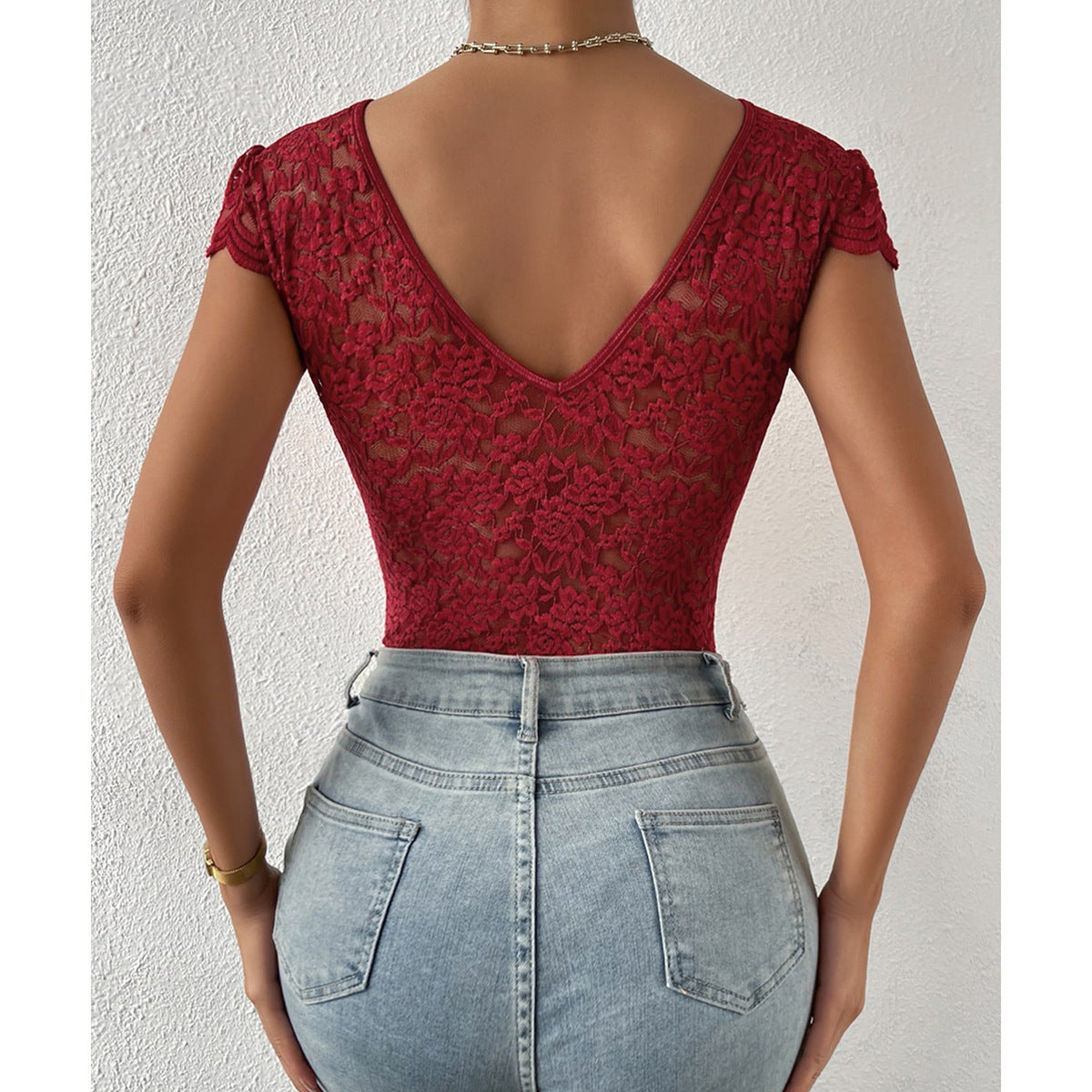 Avelina® | Elegant Body Suit With Lace Sleeves And V-Neck
