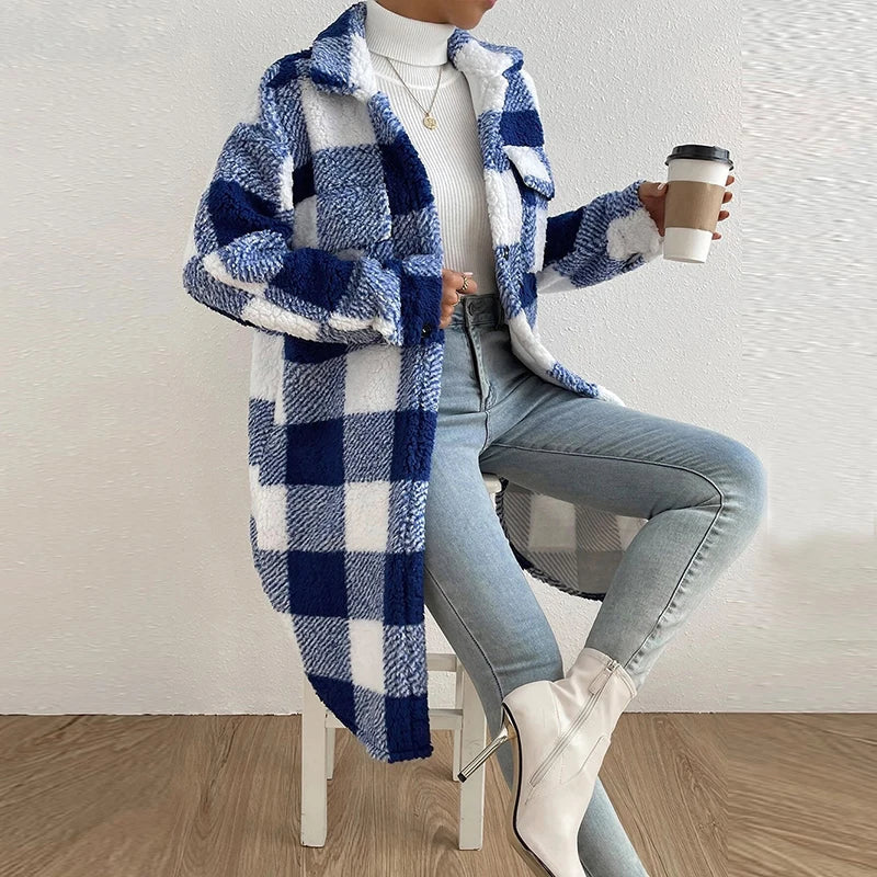 Rita | Long casual checked lambswool jacket for women
