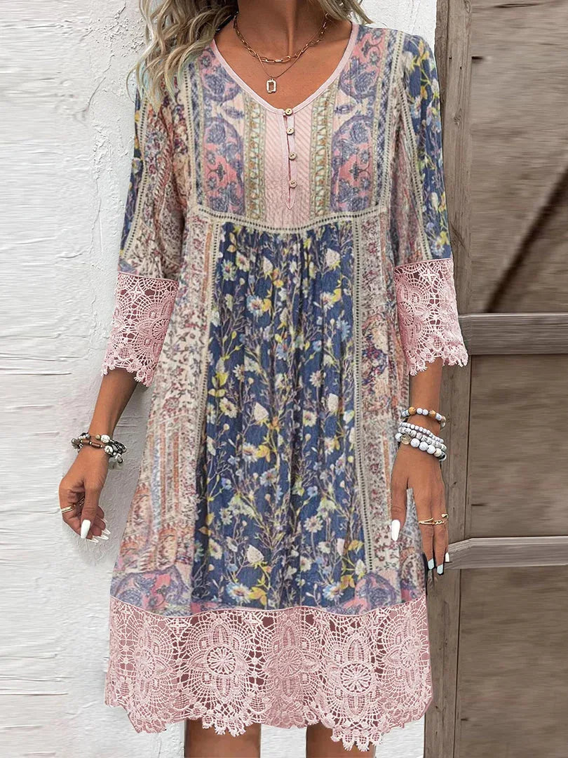 Jane | Floral Midi Dress with Lace and V-Neck