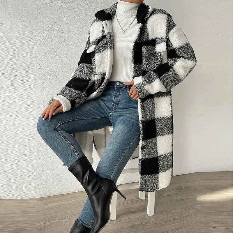 Rita | Long casual checked lambswool jacket for women