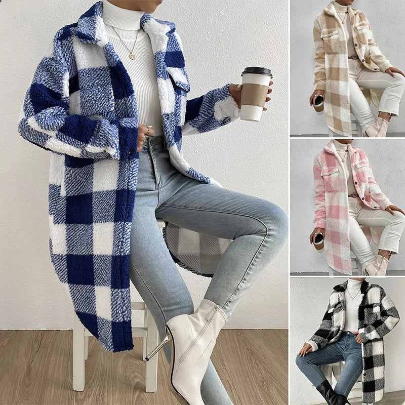 Rita | Long casual checked lambswool jacket for women