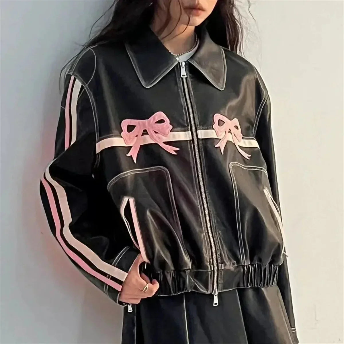 Rebeca | Vintage leather jacket for women with lapel collar