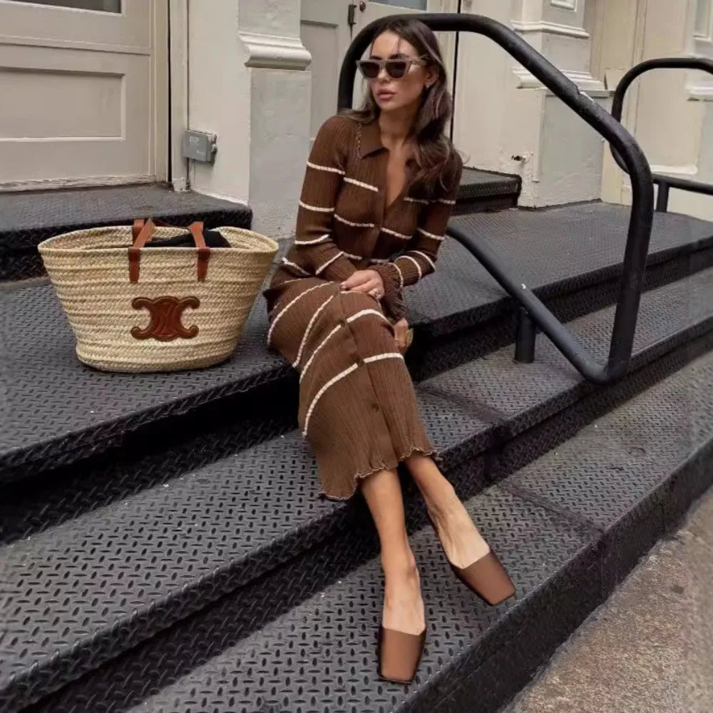 Victoria | Elegant brown striped knitted dress for winter