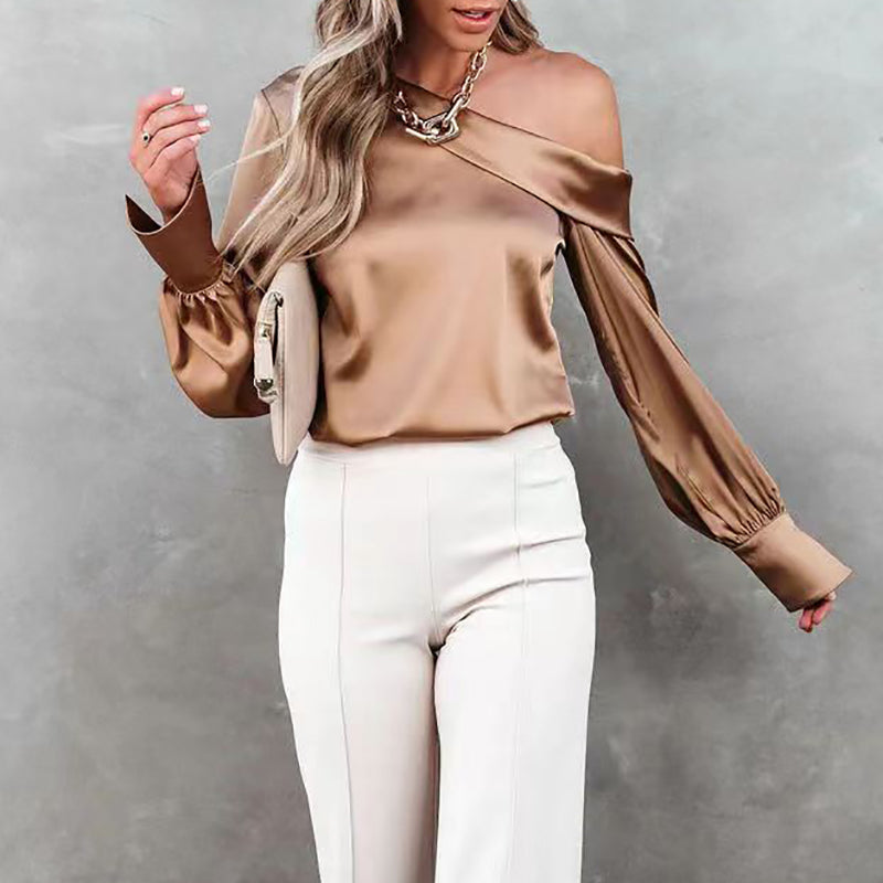Ivana® | Beige One-Shoulder Satin Blouse
