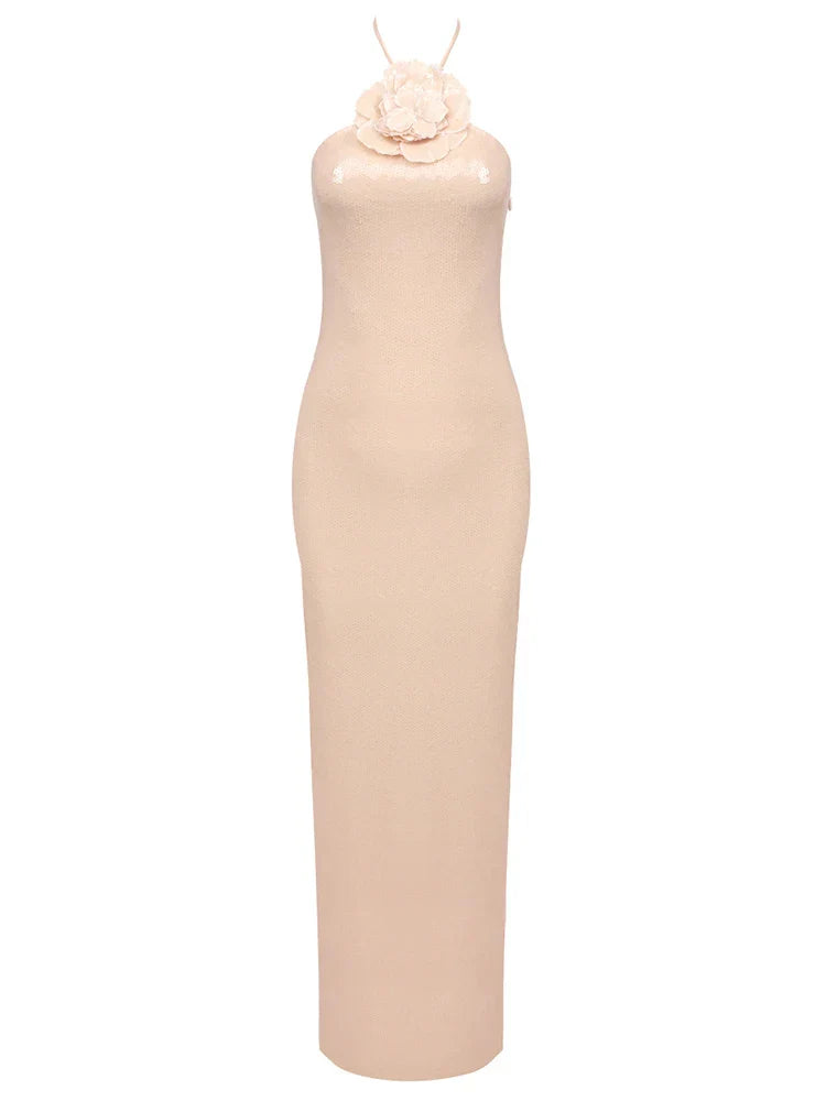 Sexy Halter 3D Flowers Sequins Long Dress Sleeveless Backless Party Dress