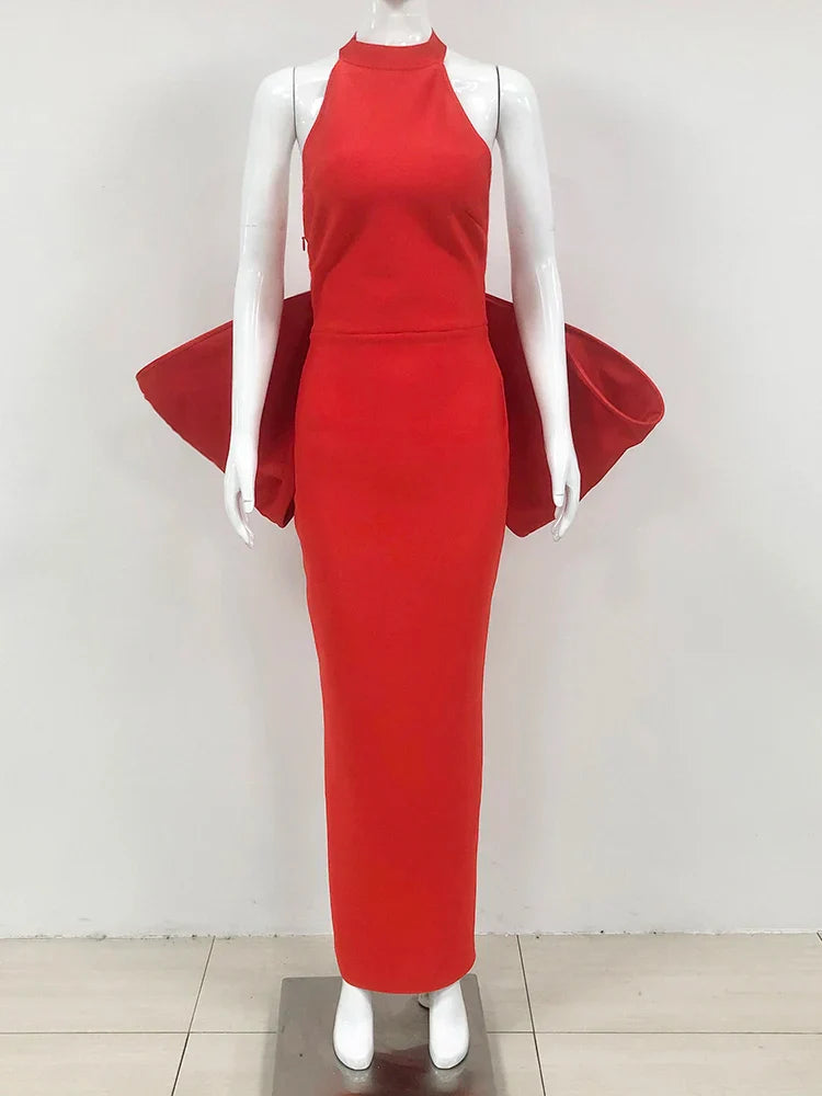 Sexy Halter Neck Backless Bow Design Red Sleeveless Bodycon Party Dress
