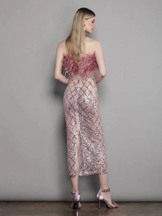 Sexy Luxury Sequins Feather Strapless Top Skirt Two Piece Set Party Dress