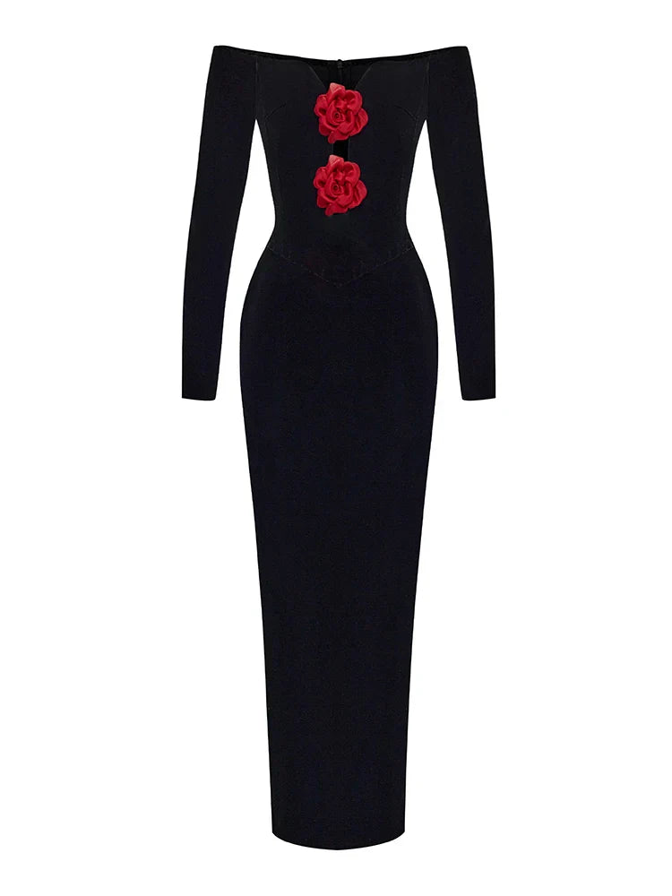 Sexy Off Shoulder V Neck Hollow Out Flower Dress Women Party Dress