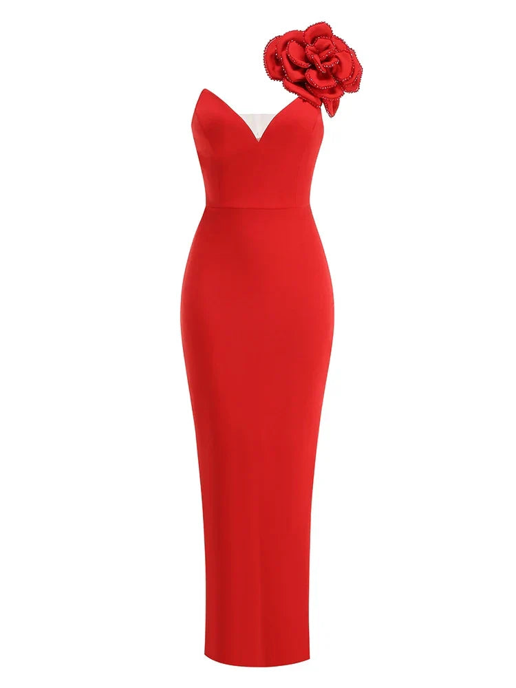 Sexy One Shoulder Diamonds Flower Patchwork Maxi Red Party Dress
