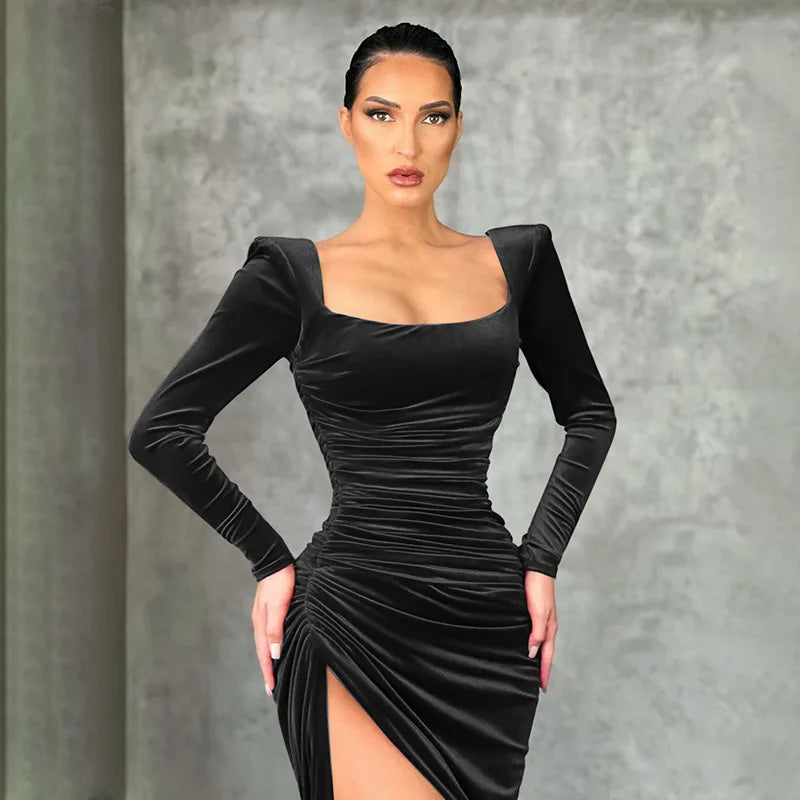 Sexy Red Velvet Elegant Midi Party Dress