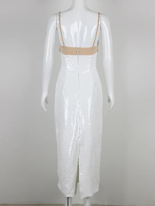 Sexy Spaghetti Strap Luxury Diamond Sequin Dress White Backless Midi Party Dress