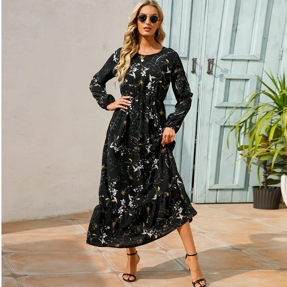 Natasha® | Women'S Bohemian Floral Chiffon Maxi Dress With Long Sleeves