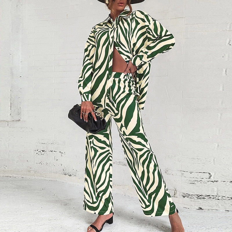 Emily® | Elegant Abstract Print Long-Sleeved Blouse And Pants Set