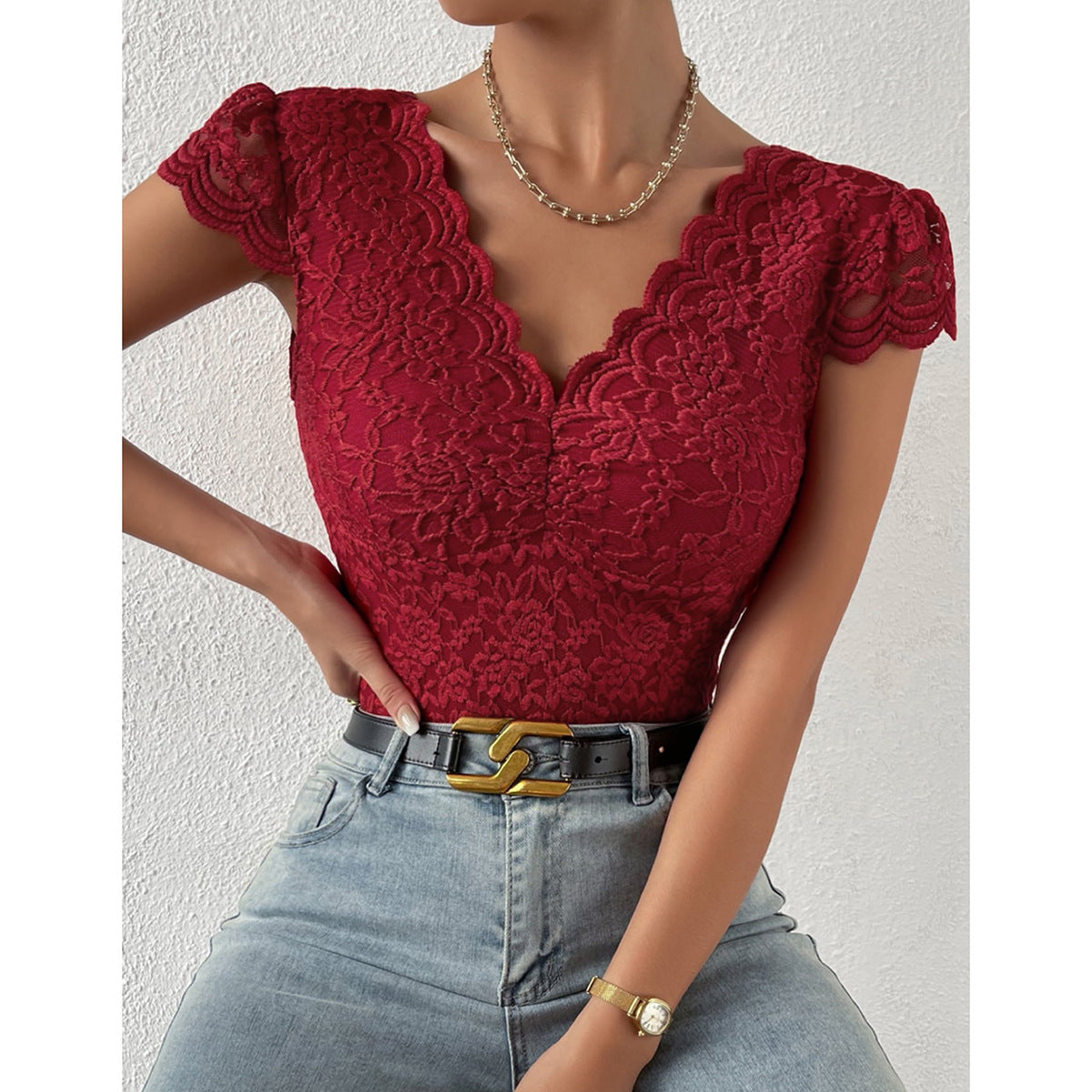 Avelina® | Elegant Body Suit With Lace Sleeves And V-Neck