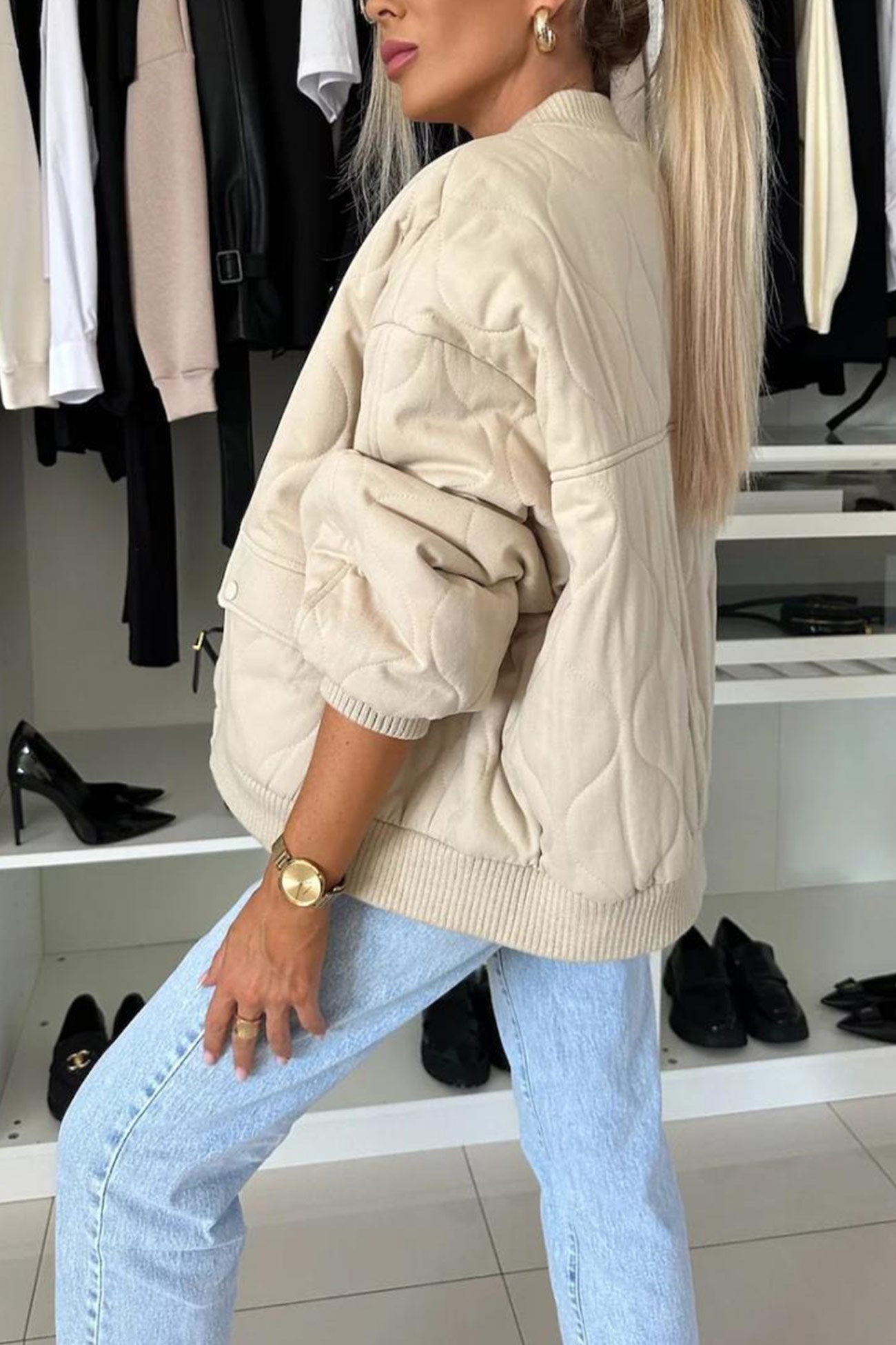 Klara | Solid color bomber jacket with button placket