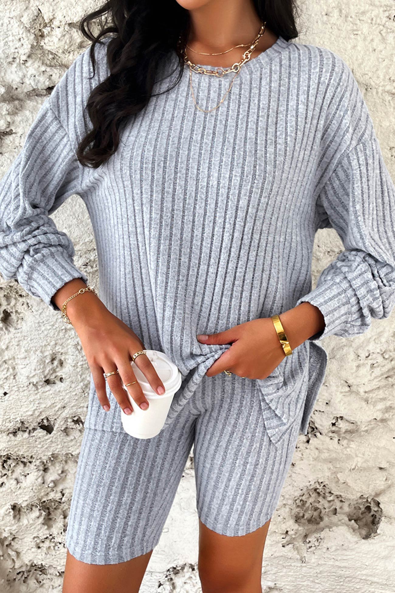 Simone | Solid ribbed knit top and shorts set