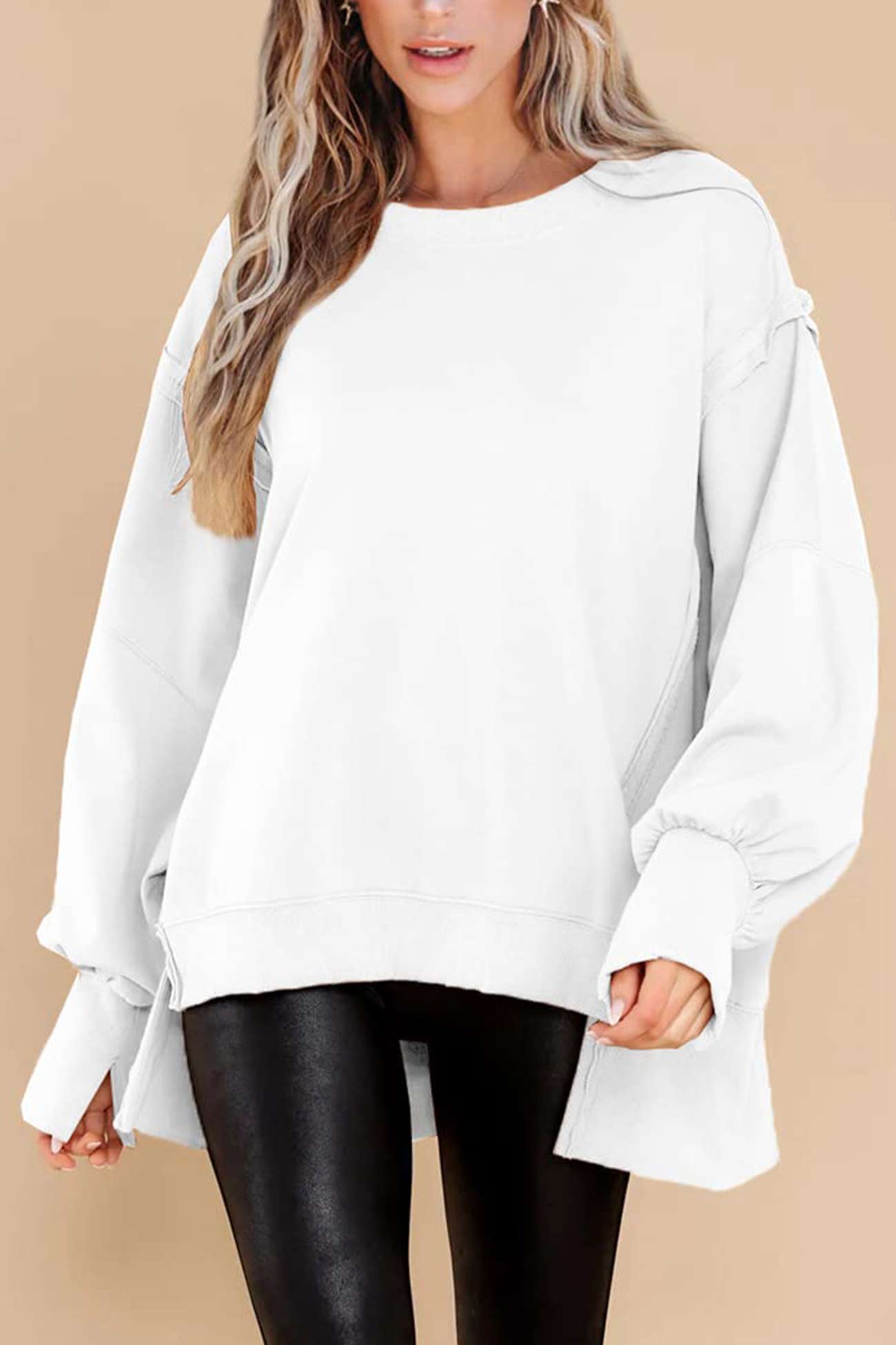 Greta | Solid long sleeve slit crew neck sweatshirt